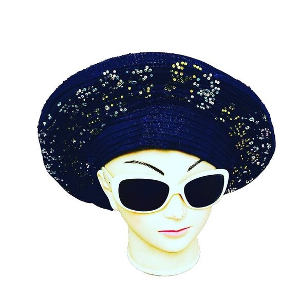Aso-Oke African Headtie Auto Gele, Navy Blue Stoned Ready Made Gele Fabric - Picture 1 of 1